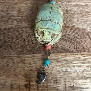 JAn Michaels Elegant Gold and Turquoise scarab Necklace.  28”